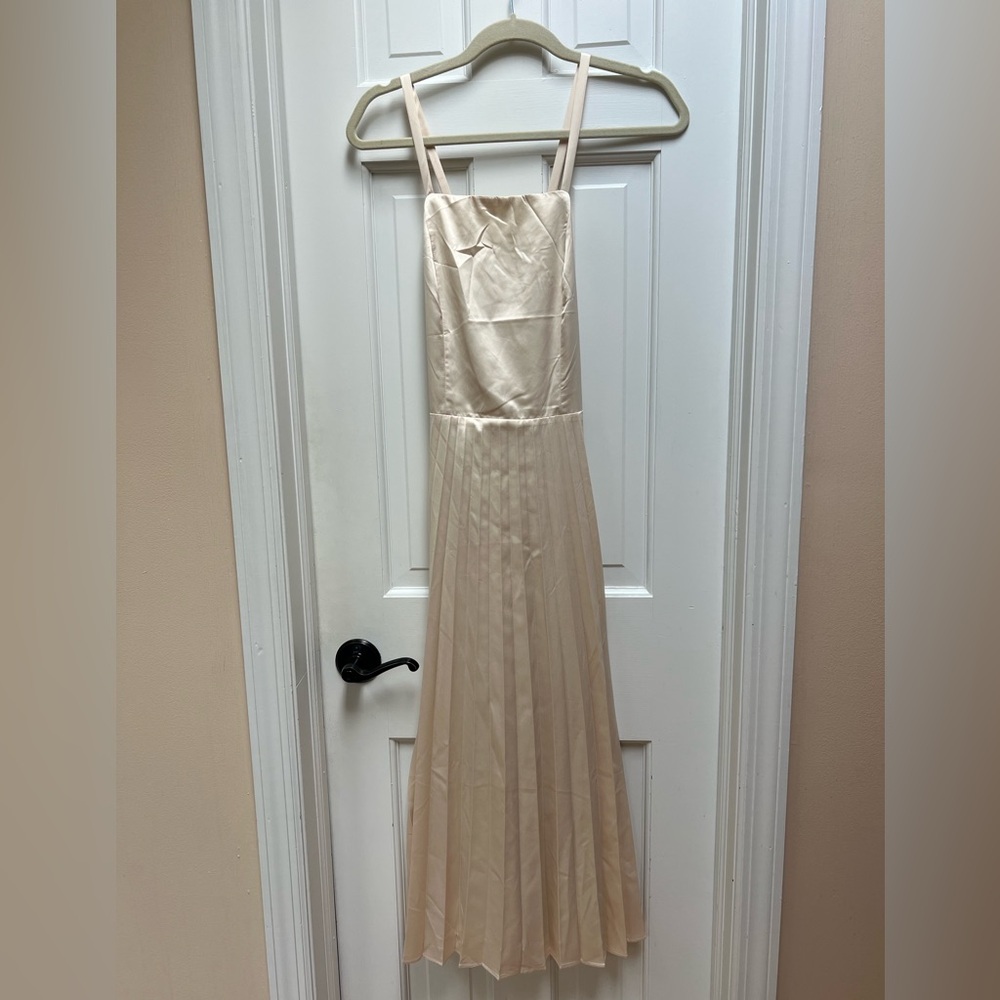 Lulus Give us a Twirl Champagne Satin Pleated Midi Dress - Picture 3 of 11